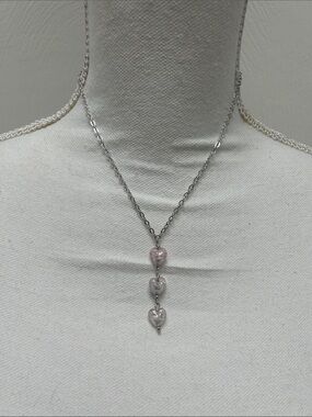 Delicate Silver Necklace with Pink Heart Stone Pendants